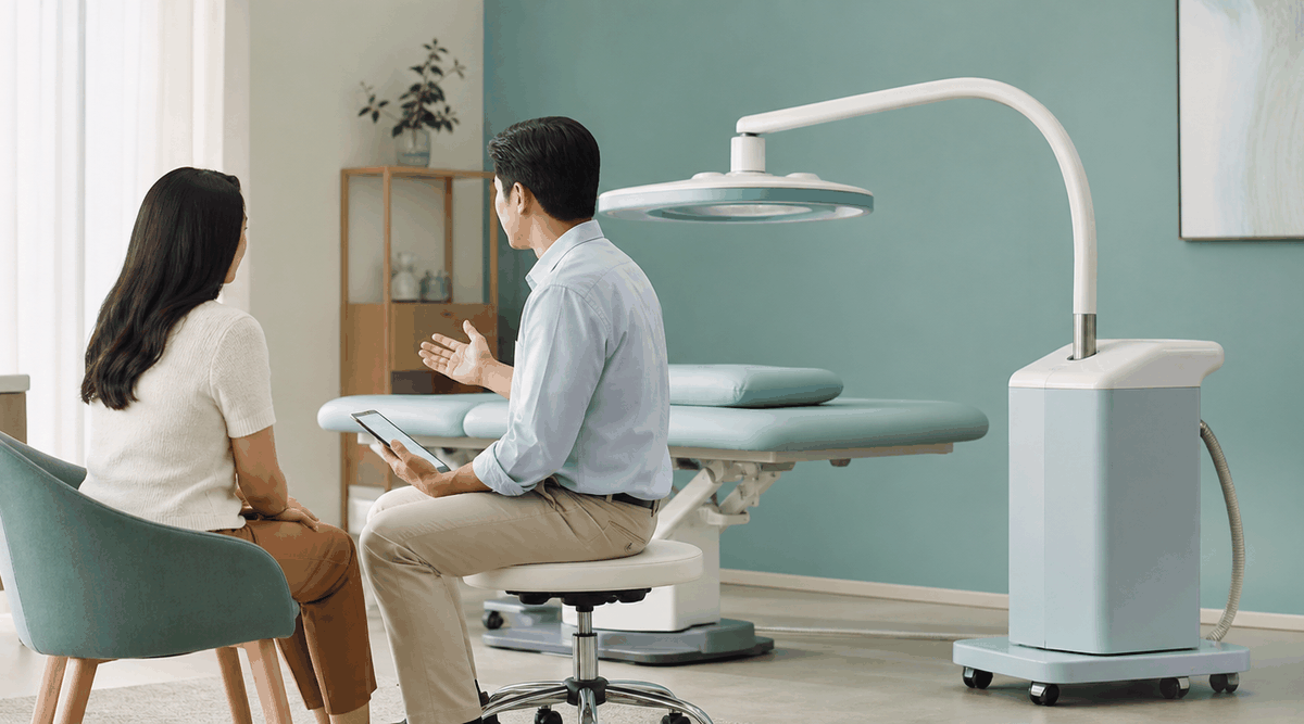Illustrative generated image of a physiatrist discussing a Super Inductive System therapy appointment with a fully clothed patient beside a non-contact rehabilitation device
