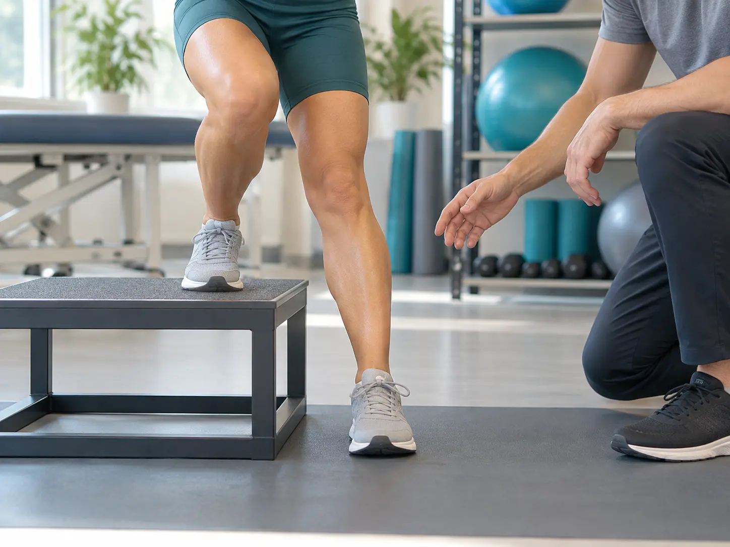 Clinician observing a lower-limb step-down movement assessment beside an athlete