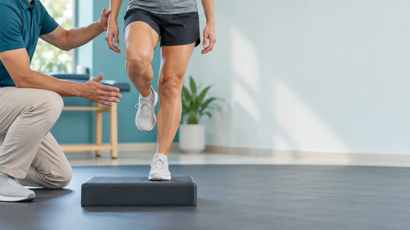 Illustrated sports rehabilitation assessment showing a lower-limb movement check without a visible face