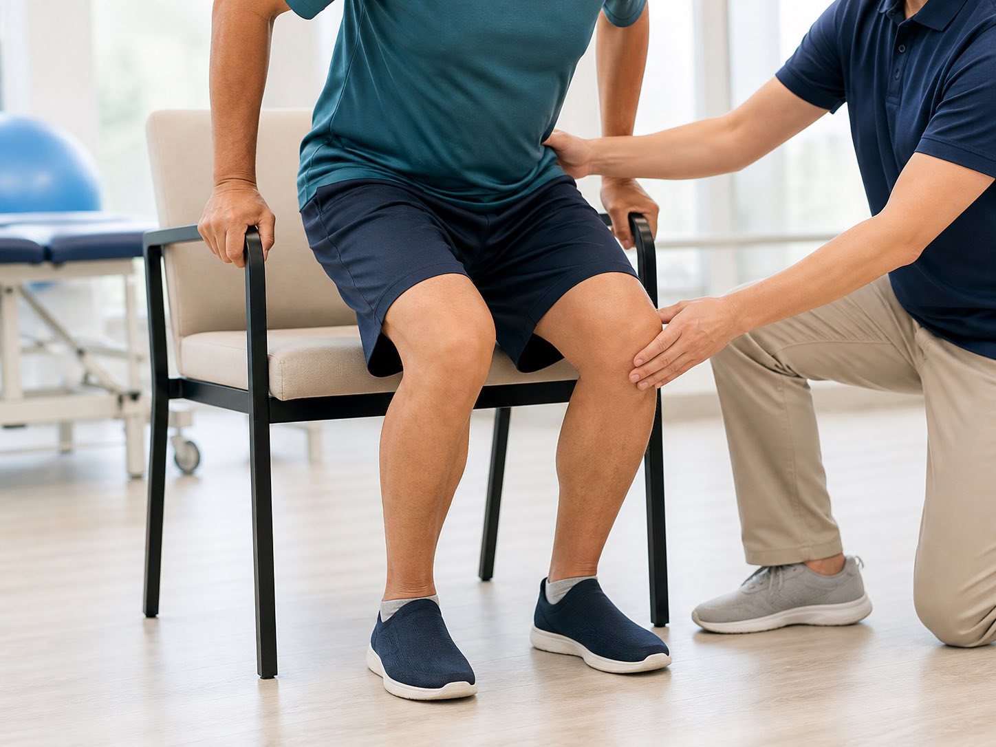 AI-generated rehabilitation image of a supported sit-to-stand mobility exercise