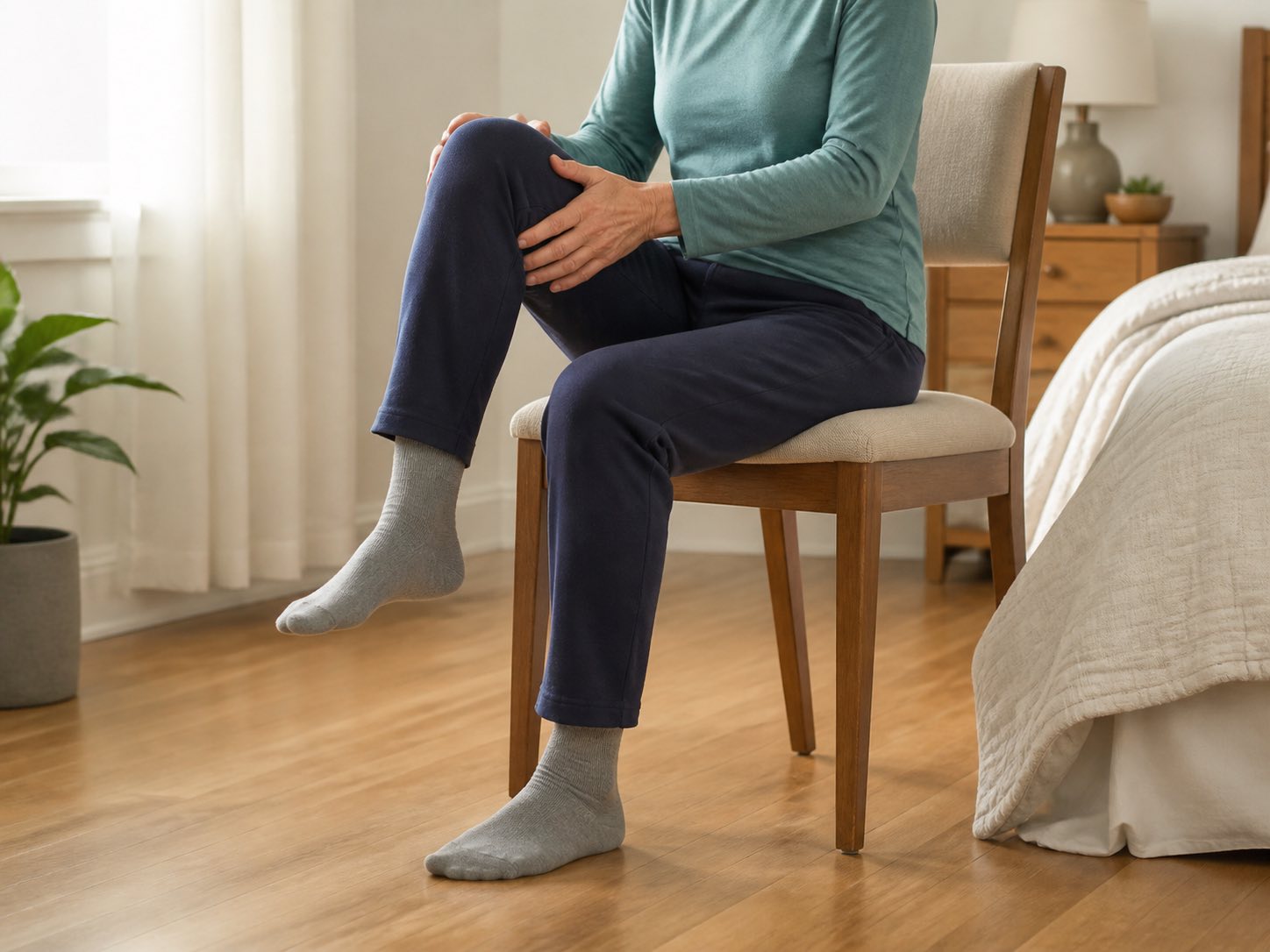 AI-generated image of gentle morning knee mobility with both feet supported