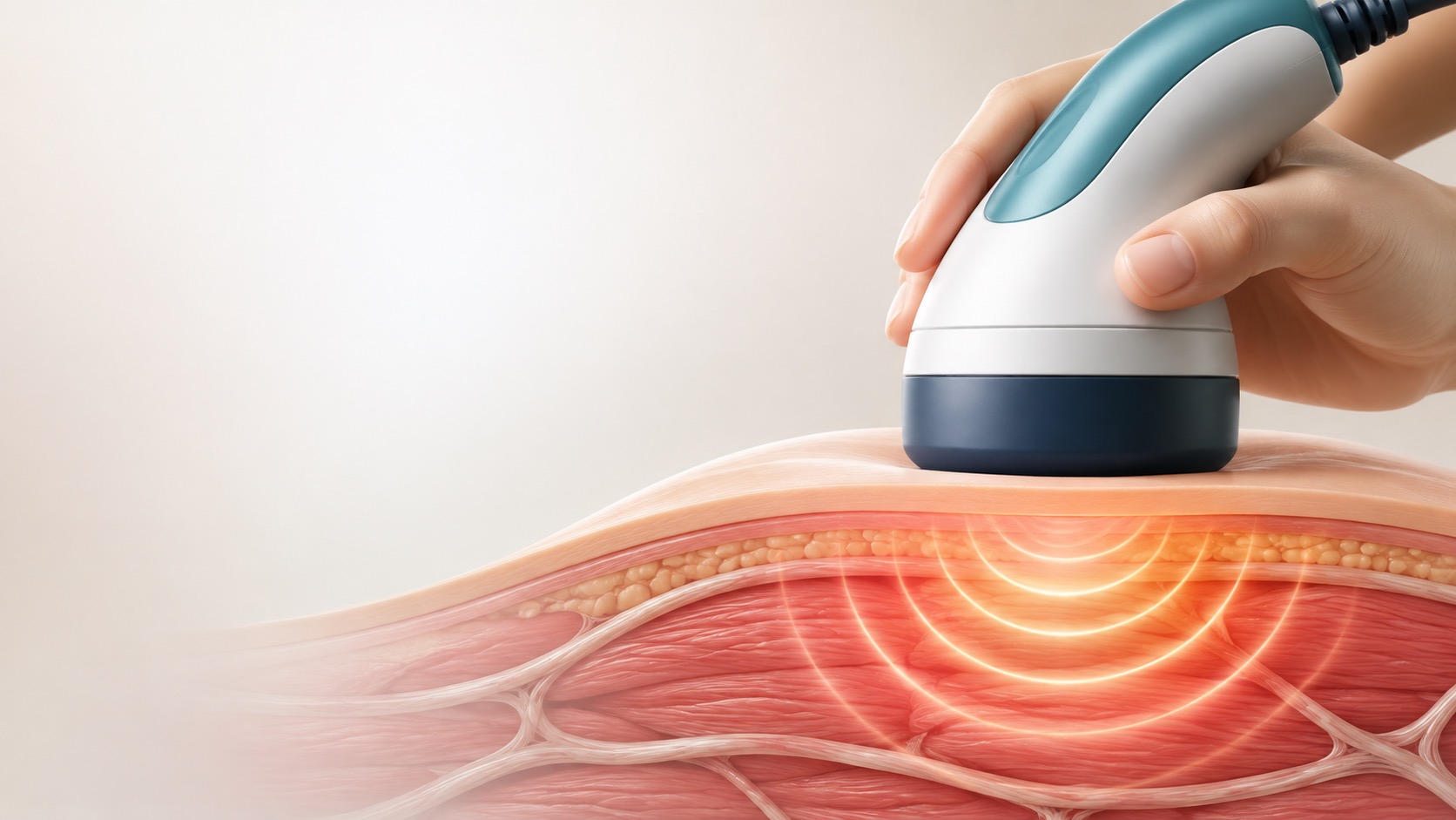 Medical illustration of a radiofrequency applicator warming a simplified muscle and connective-tissue area; no face shown