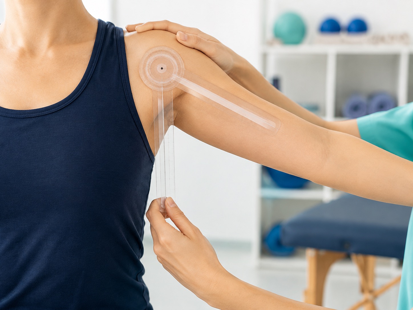 Clinician measuring a cropped shoulder movement with a simple range-of-motion tool