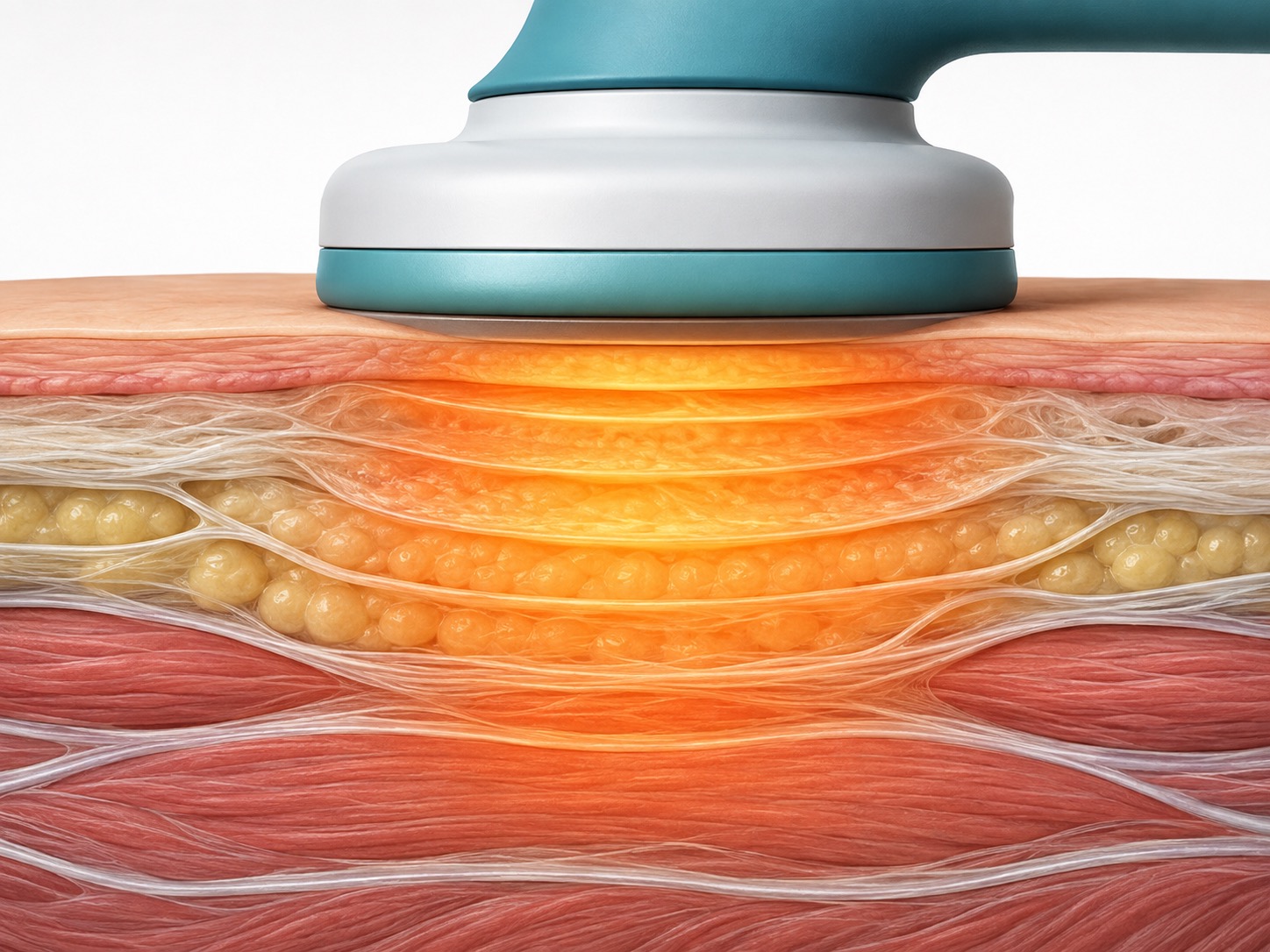 Medical illustration of a radiofrequency applicator creating controlled warmth through layered soft tissue