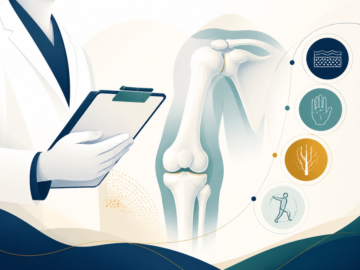 Illustration of a clinician screening a knee and surrounding factors before a modality session, with no face shown