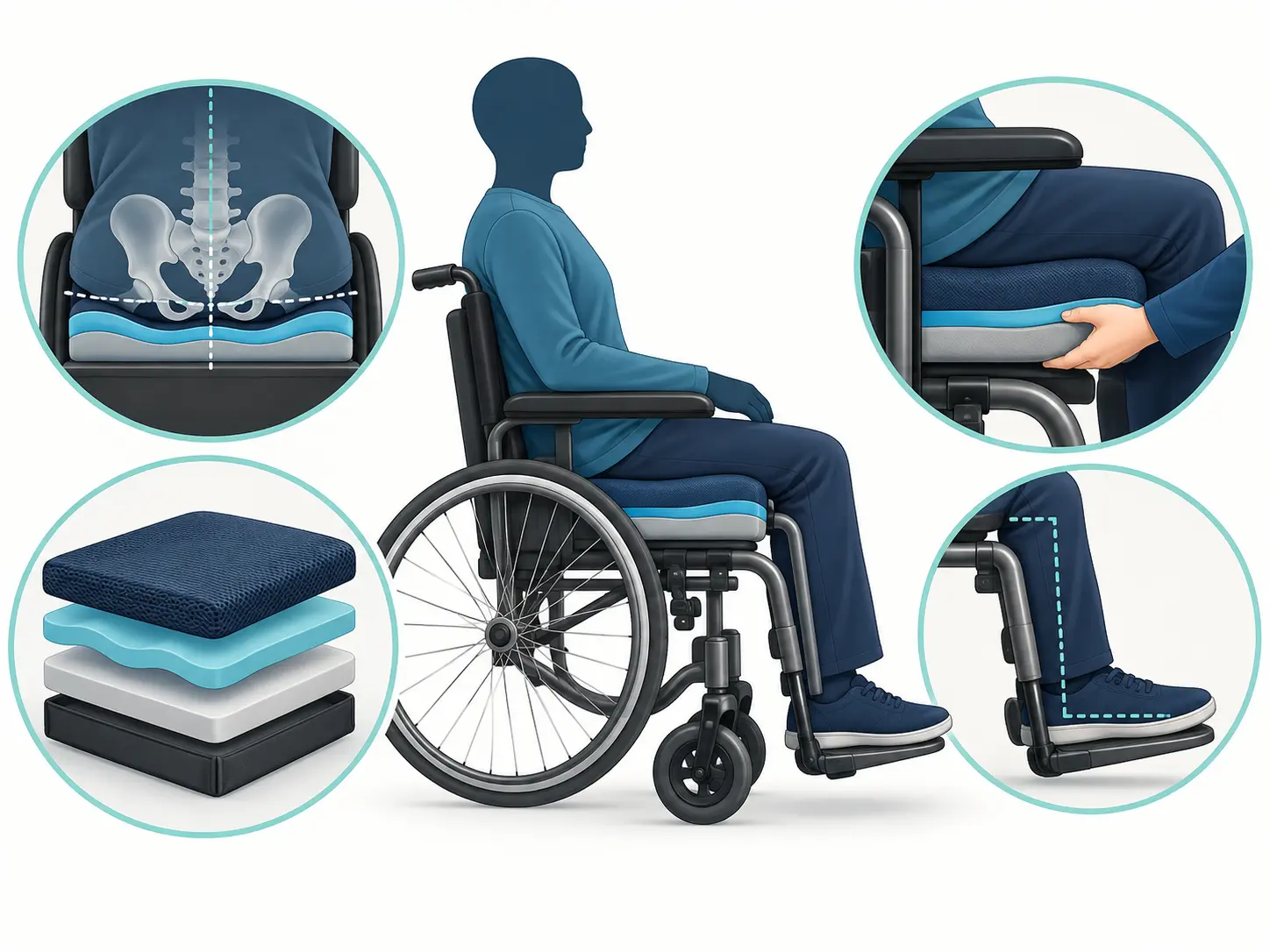 Illustration of wheelchair cushion fit, pelvic alignment, and foot support for assessment discussion
