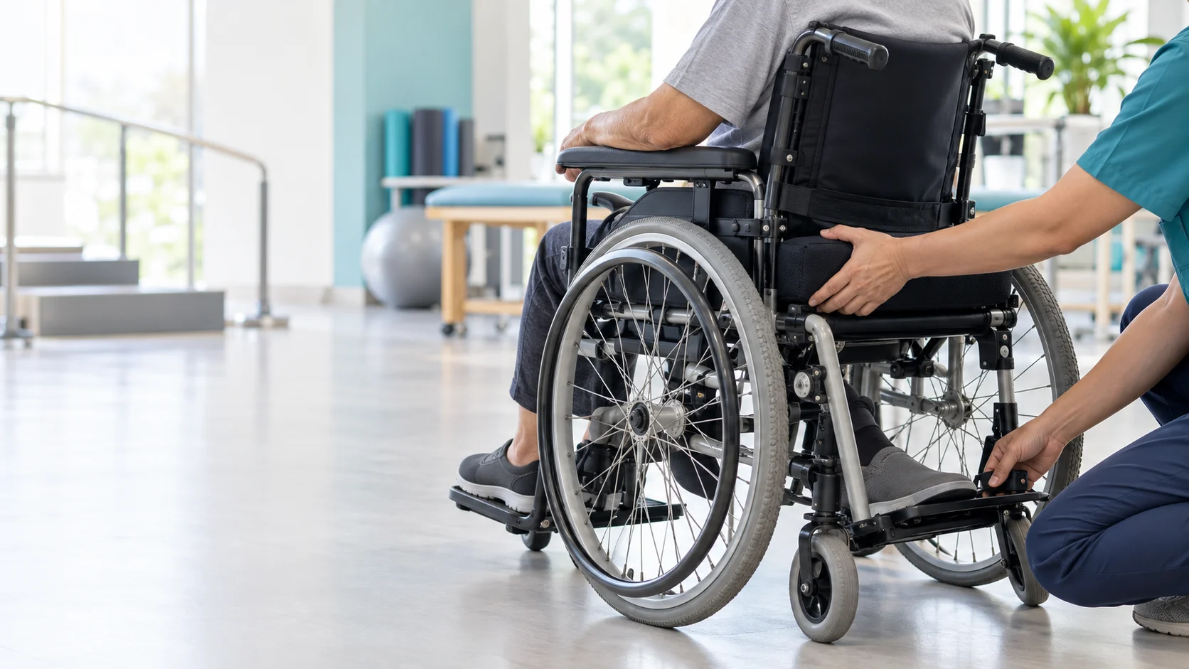 Older adult wheelchair seating assessment scene with a therapist reviewing posture and support in a bright clinic