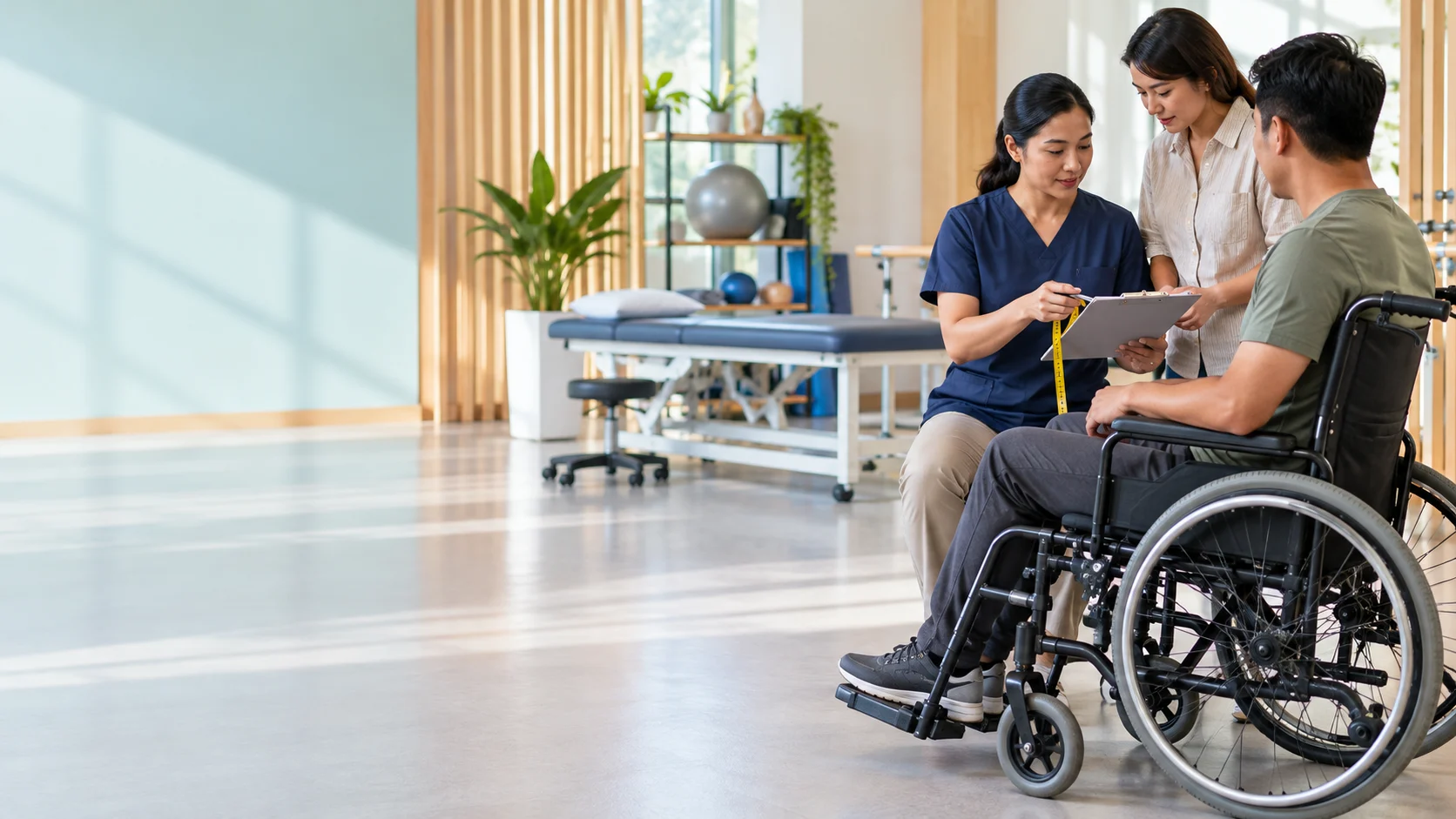 Illustration ng wheelchair measurements at cushion fit assessment na walang mukha