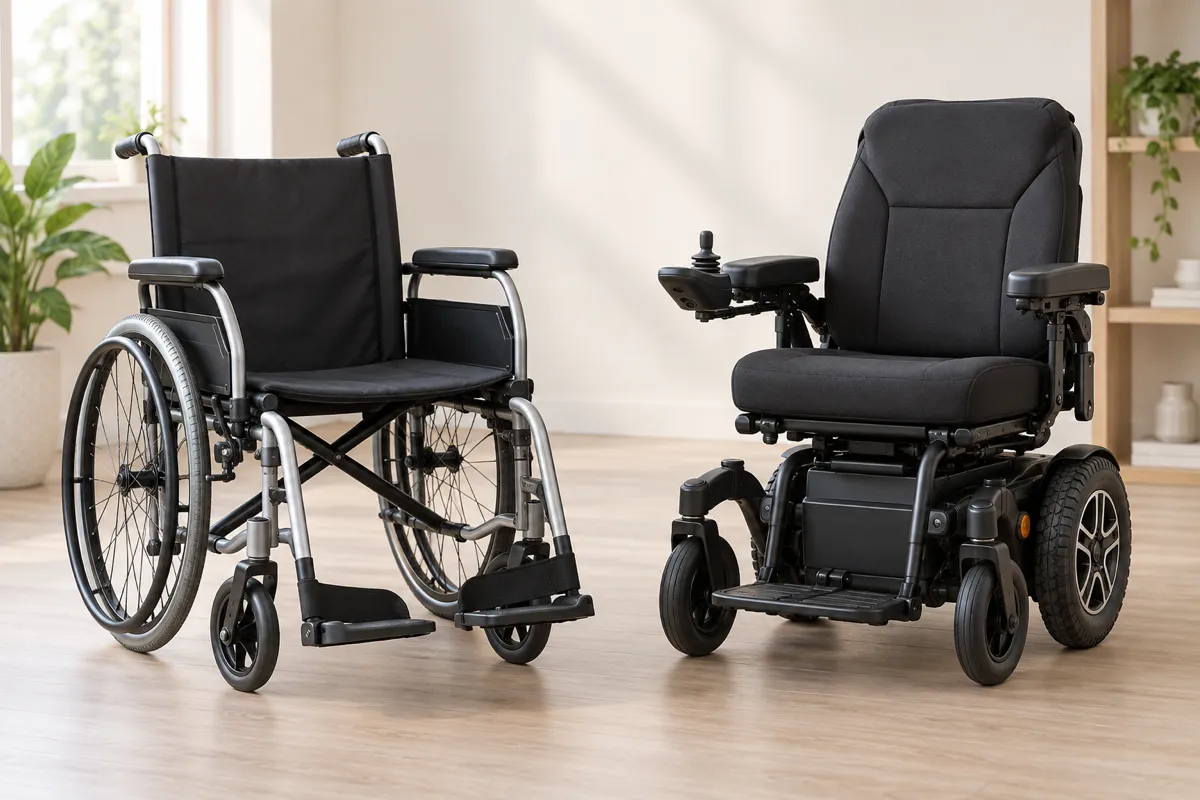 Photorealistic product comparison showing a manual wheelchair and a powered wheelchair in a neutral room, without a person