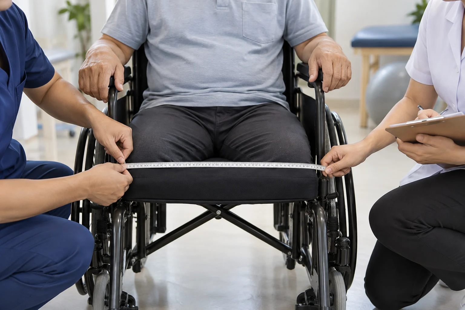 Illustration ng wheelchair seat width measurement bago pumili ng cushion