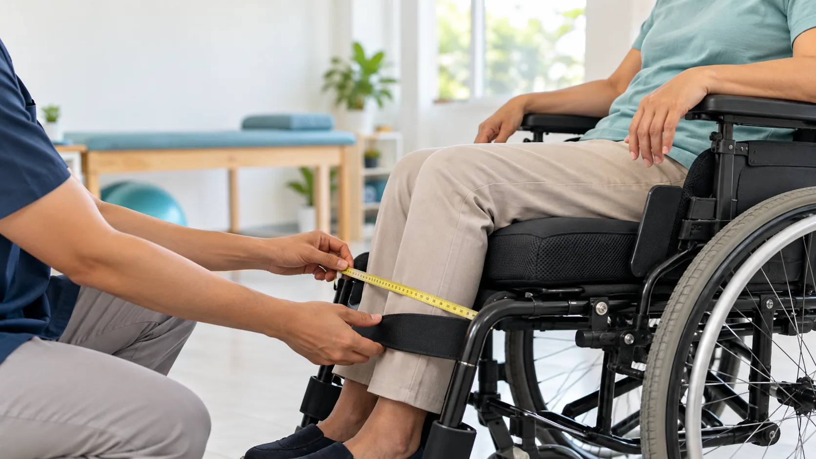 Clinician checking wheelchair seating measurements and cushion position; the user's face is outside the frame