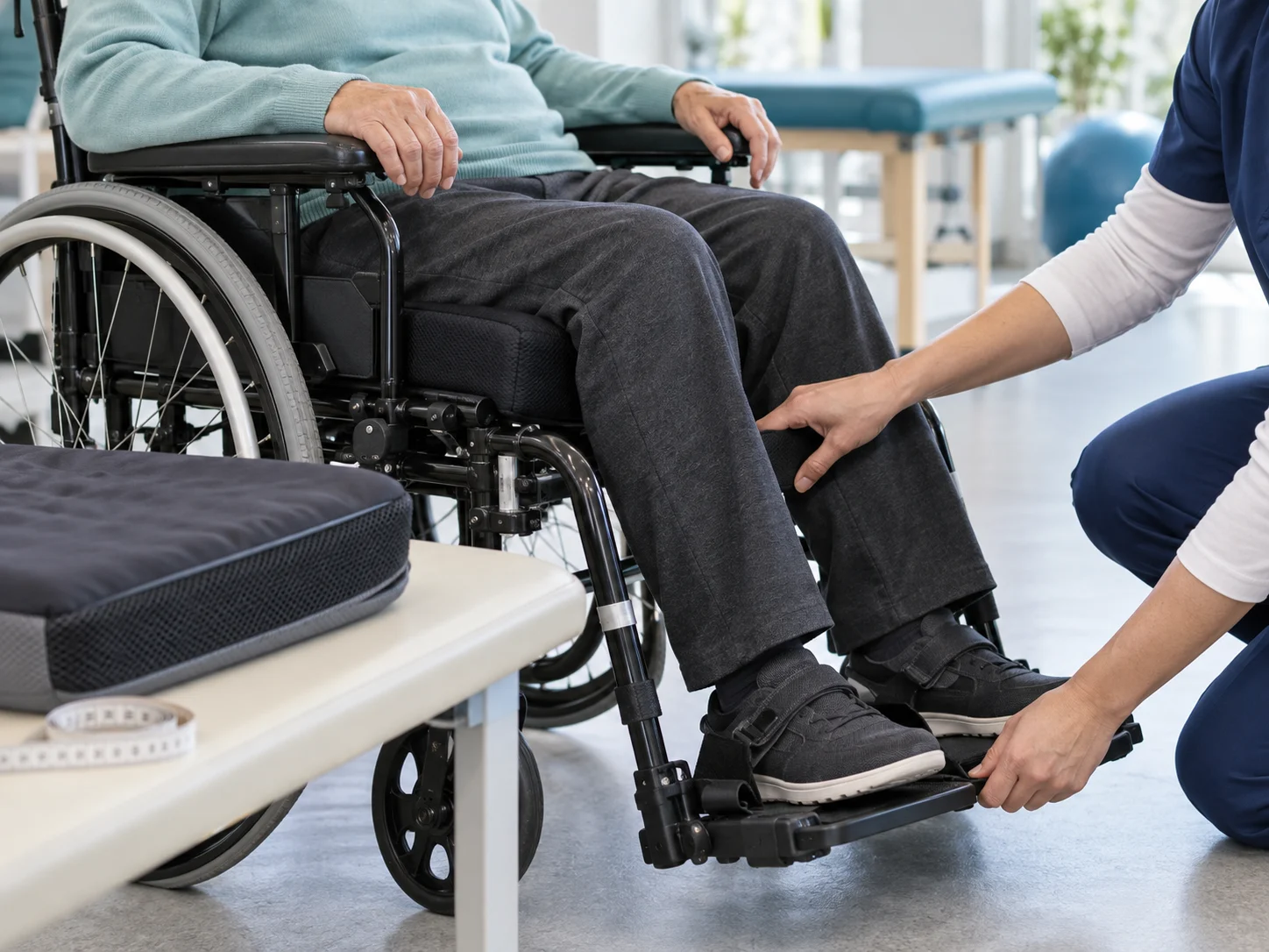 Clinician checking wheelchair cushion fit and skin protection with no face visible