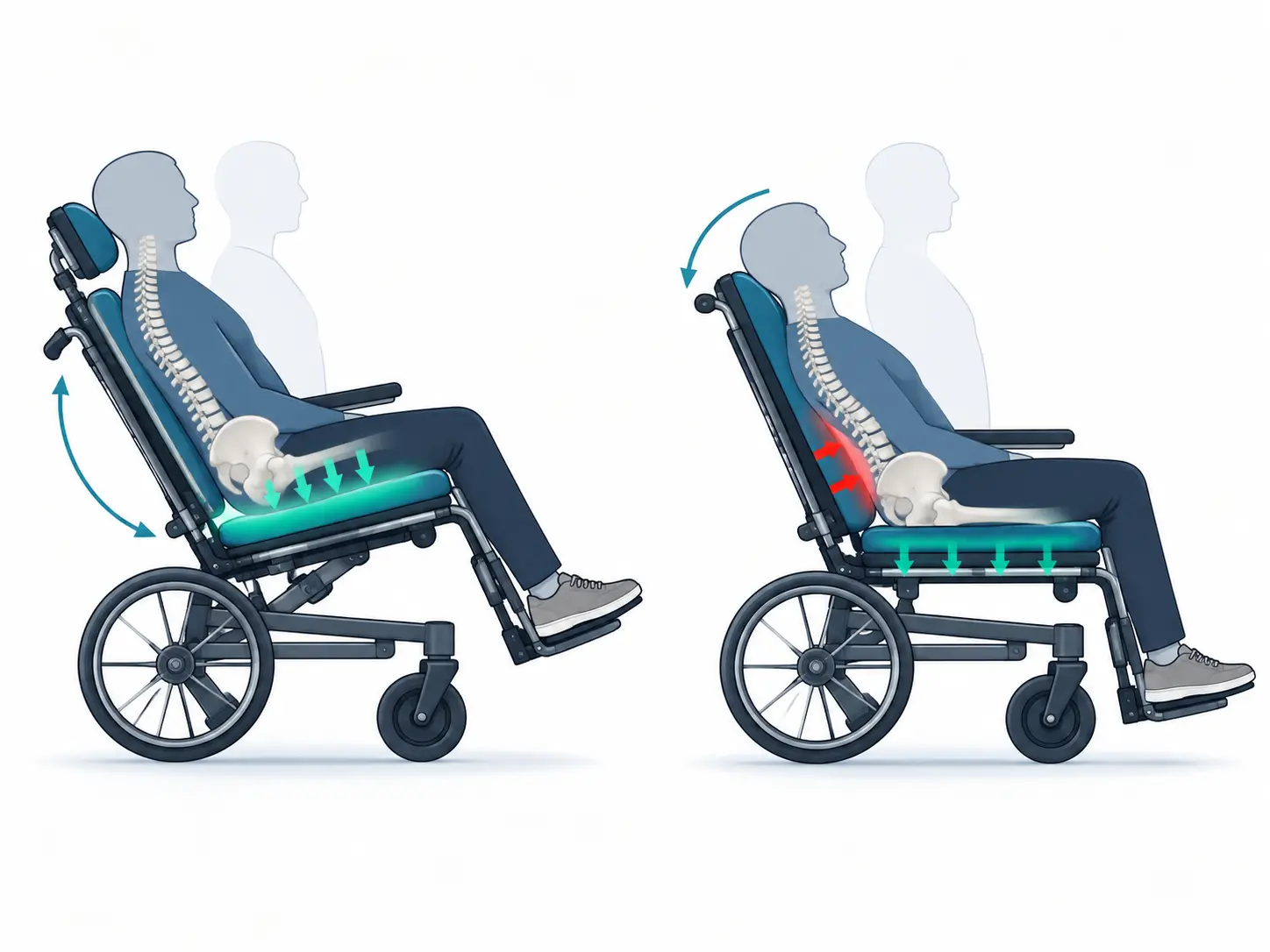 Illustration comparing wheelchair tilt and recline positions for teaching