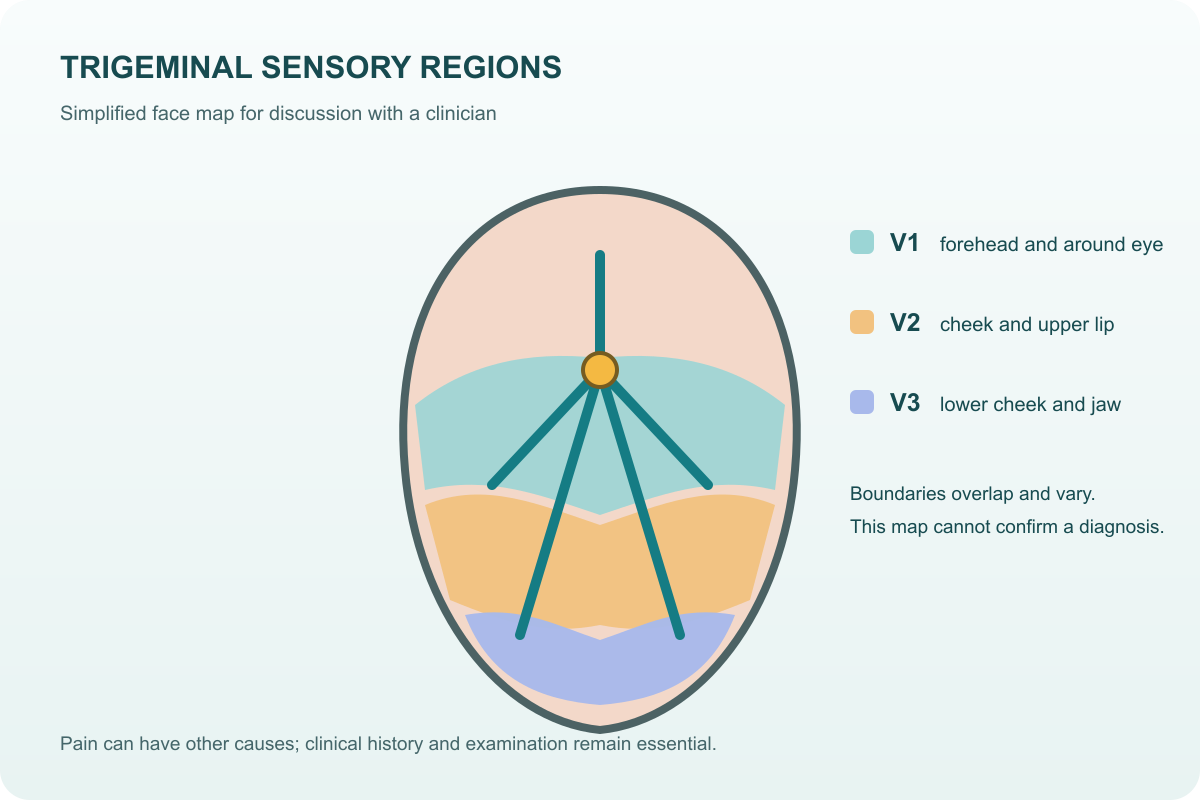 Simplified face map showing trigeminal sensory regions V1, V2, and V3
