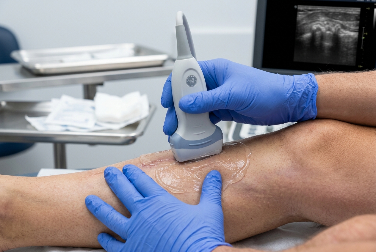 Musculoskeletal ultrasound transducer probe evaluating bone surface continuity, cortical bridging, and periosteal callus formation with acoustic gel