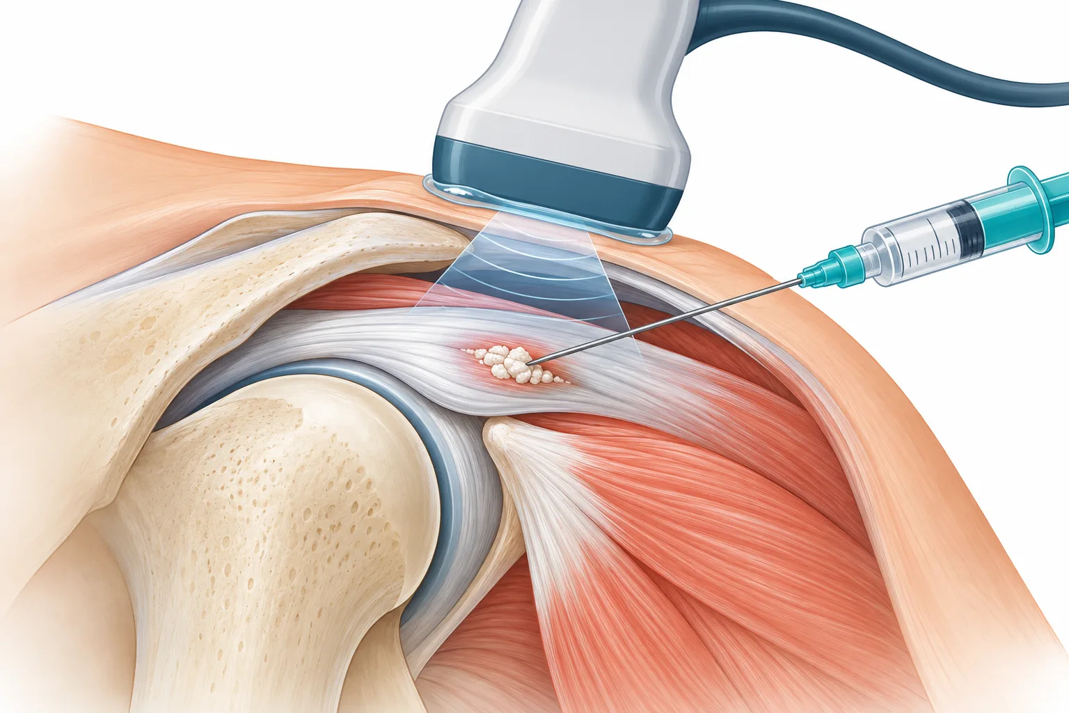Illustrated ultrasound probe and needle approaching a small tendon deposit