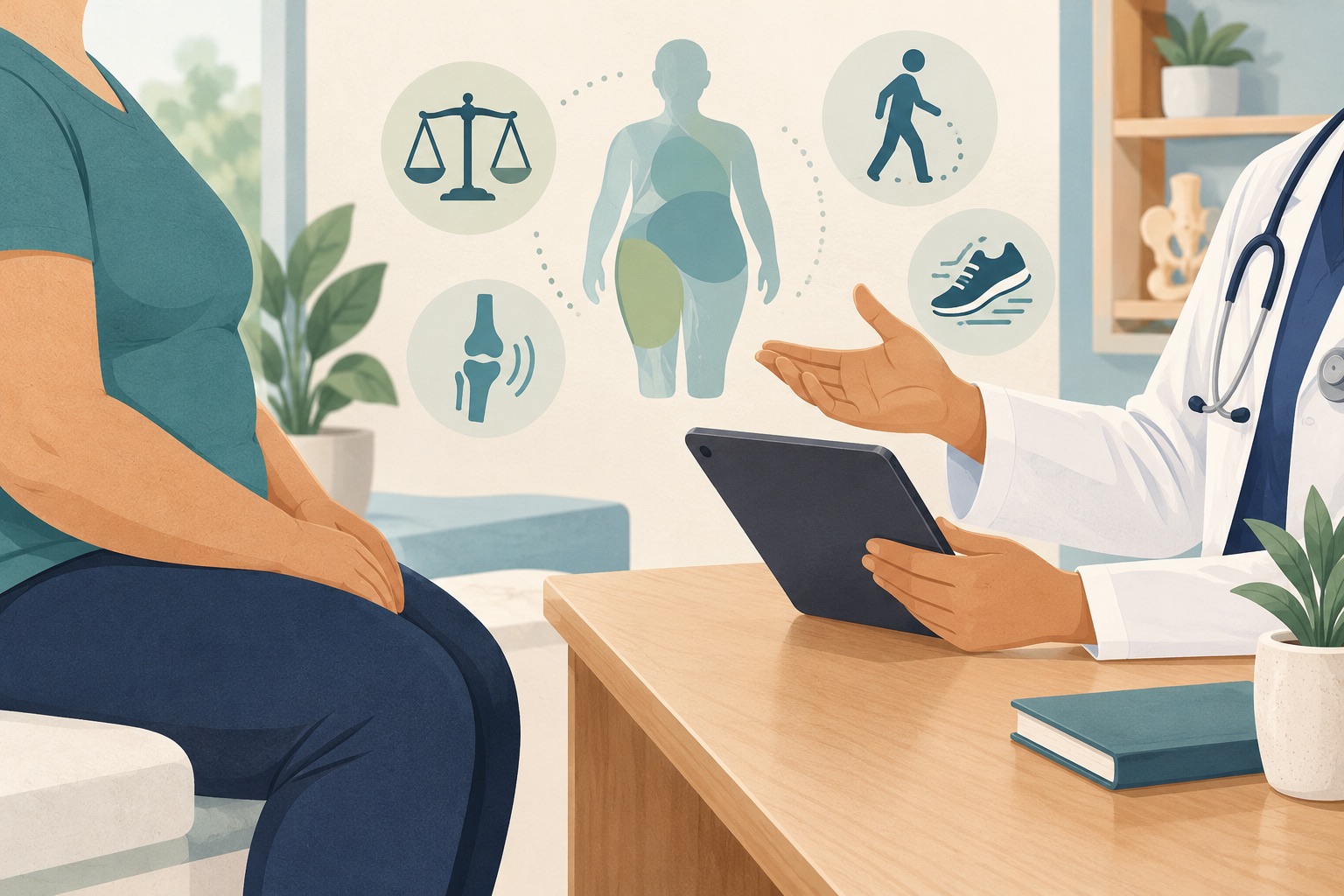 Face-free editorial illustration of a physician reviewing health and mobility factors during a weight-management assessment.