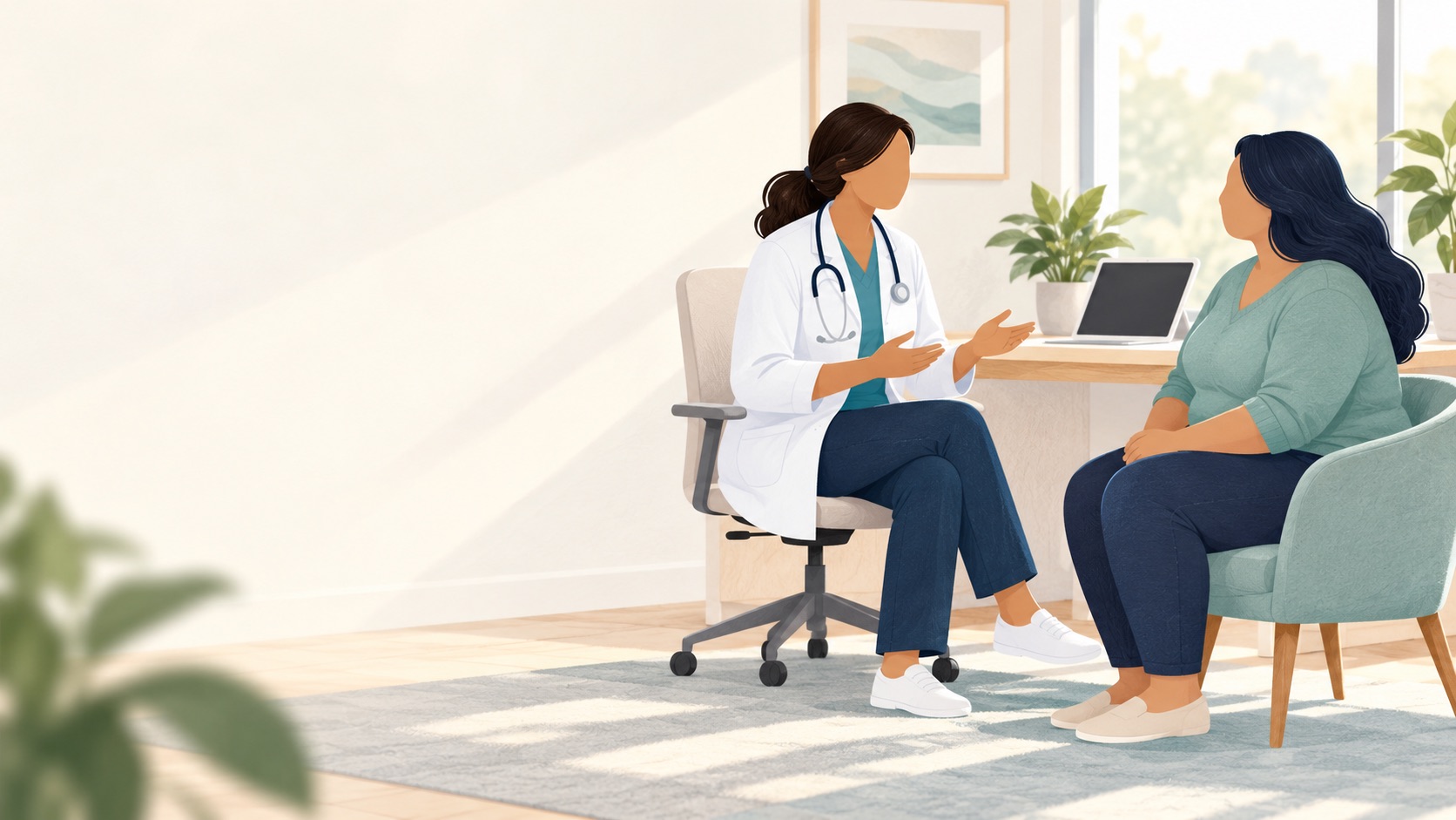 Face-free editorial illustration of a physician and patient discussing a medical weight-management assessment.