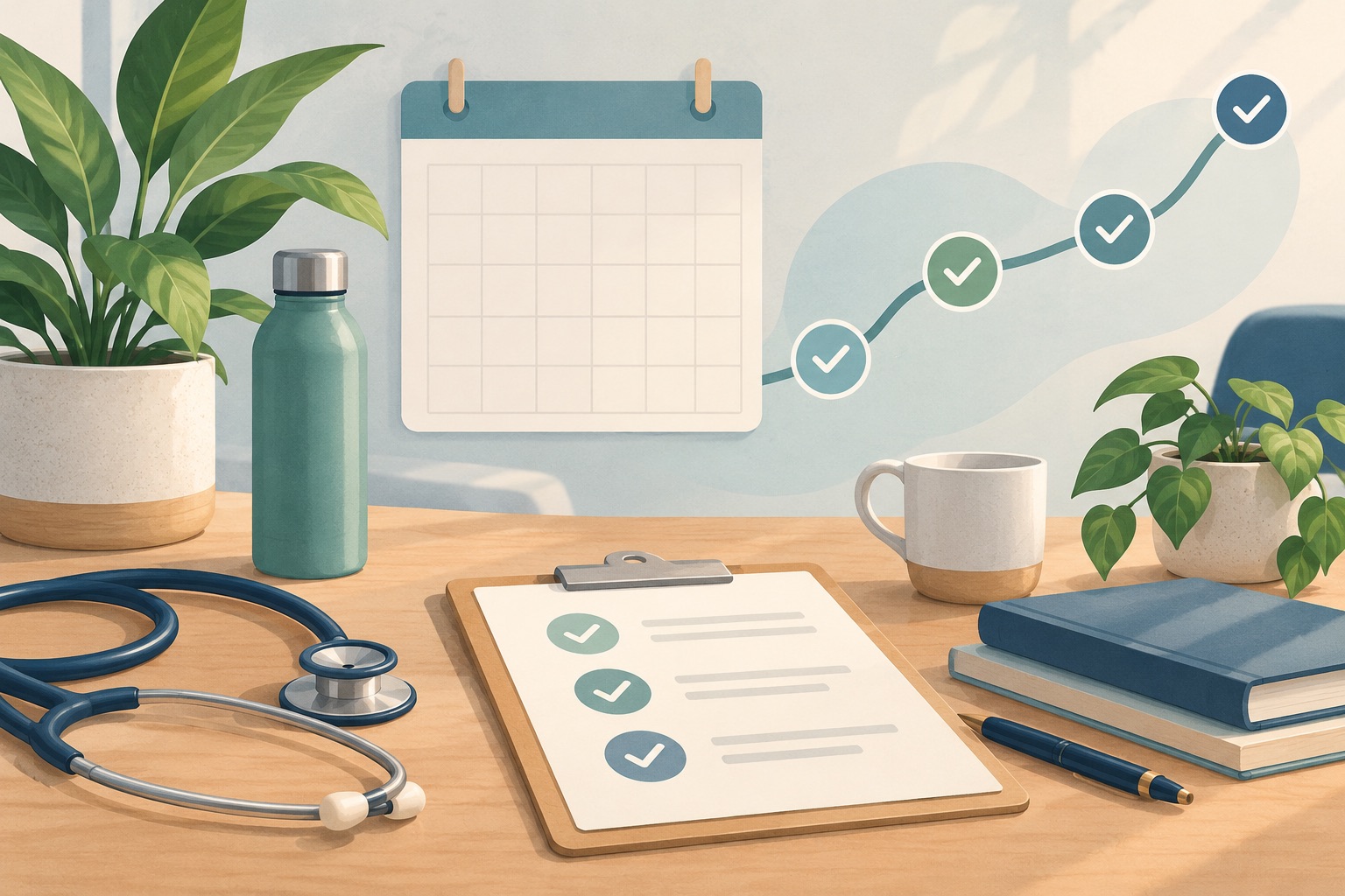 Face-free editorial illustration of a follow-up plan with checkpoints for monitoring a medical weight-management program.